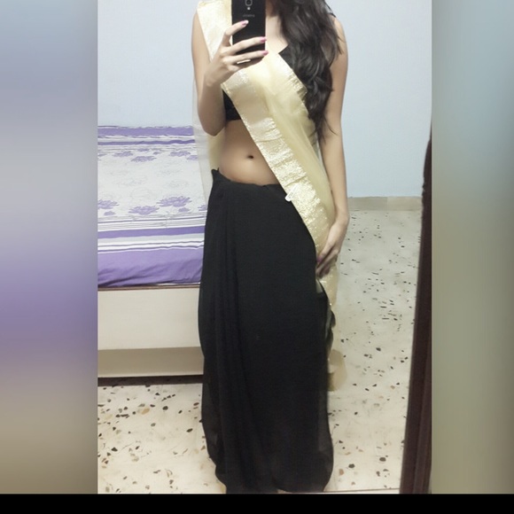 Black saree ethnic wear georgette net saree - Picture 4 of 8